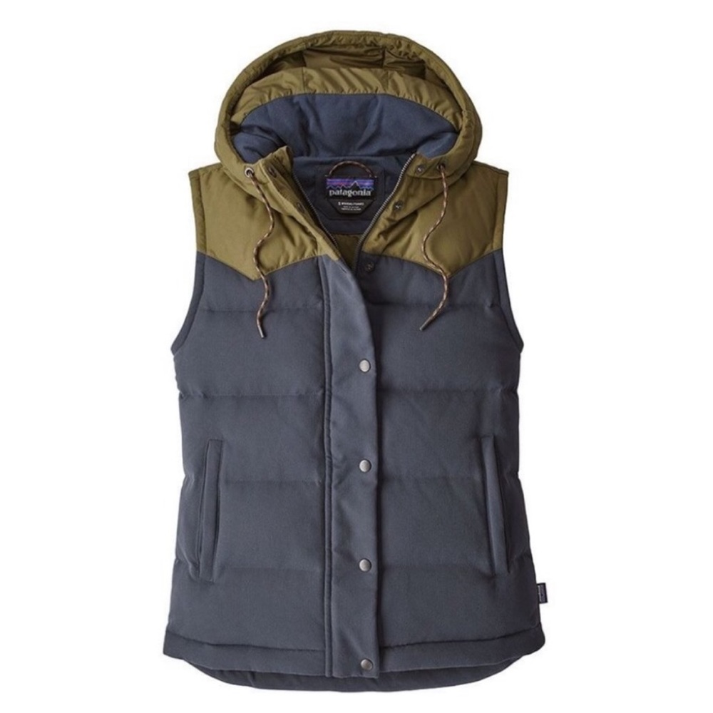 Patagonia Bivy Down Vest Smolder Blue Olive Green Hooded Rare XS